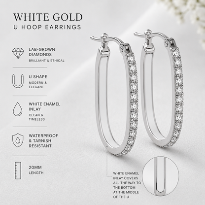 Yellow Gold or White Gold U Hoop Earrings with AAA Cubic Zirconia, White Enamel Inlay