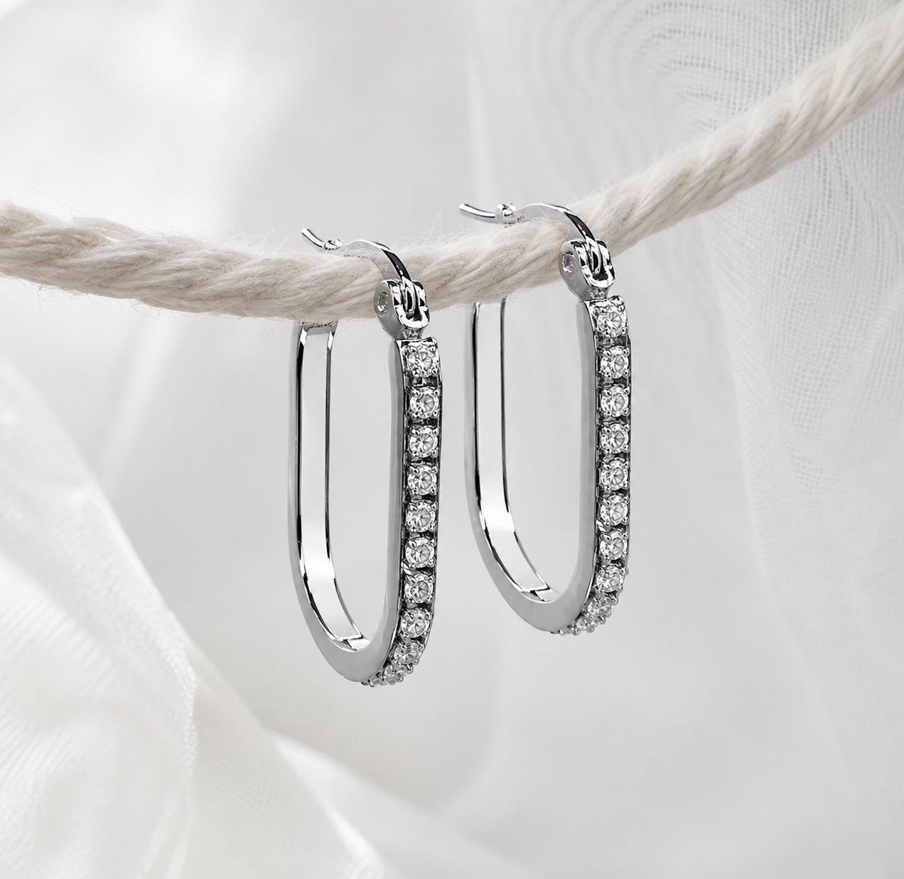 Yellow Gold or White Gold U Hoop Earrings with AAA Cubic Zirconia, White Enamel Inlay