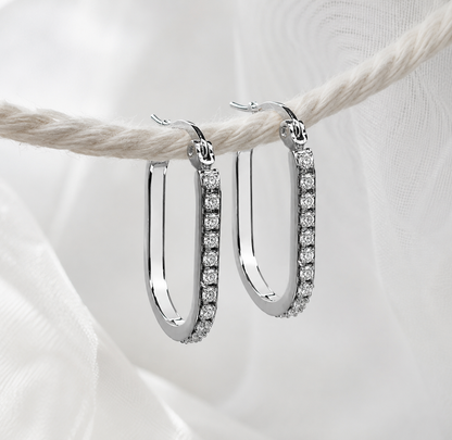 Yellow Gold or White Gold U Hoop Earrings with AAA Cubic Zirconia, White Enamel Inlay