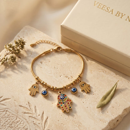 Gold Hamsa Hand & Evil Eye Charm Bracelet
