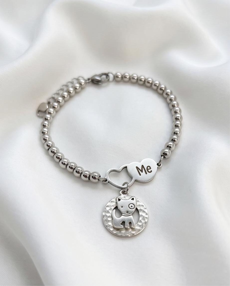 Dog Mom Bracelet, Puppy Charm, Pet Lover Gift, Minimal Stainless Steel Jewelry