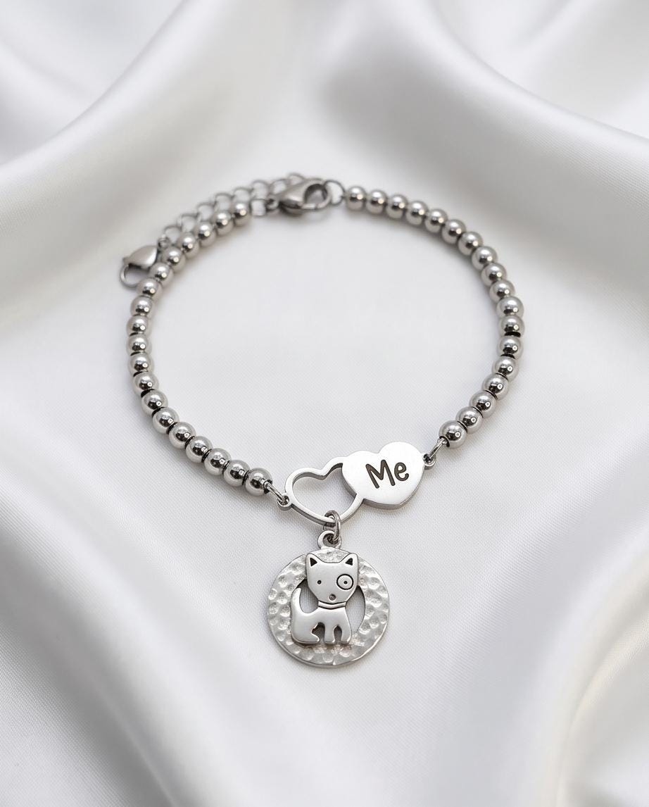Dog Mom Bracelet, Puppy Charm, Pet Lover Gift, Minimal Stainless Steel Jewelry