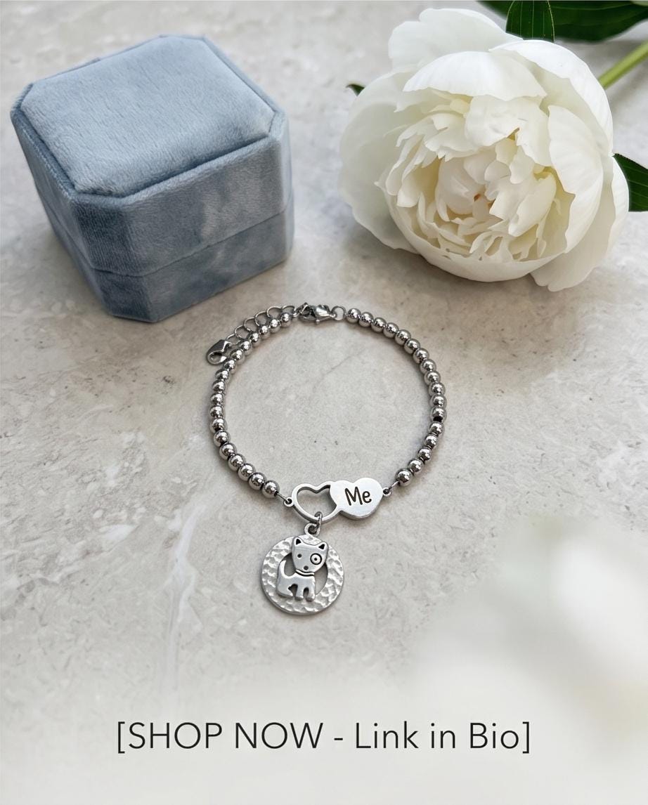Dog Mom Bracelet, Puppy Charm, Pet Lover Gift, Minimal Stainless Steel Jewelry
