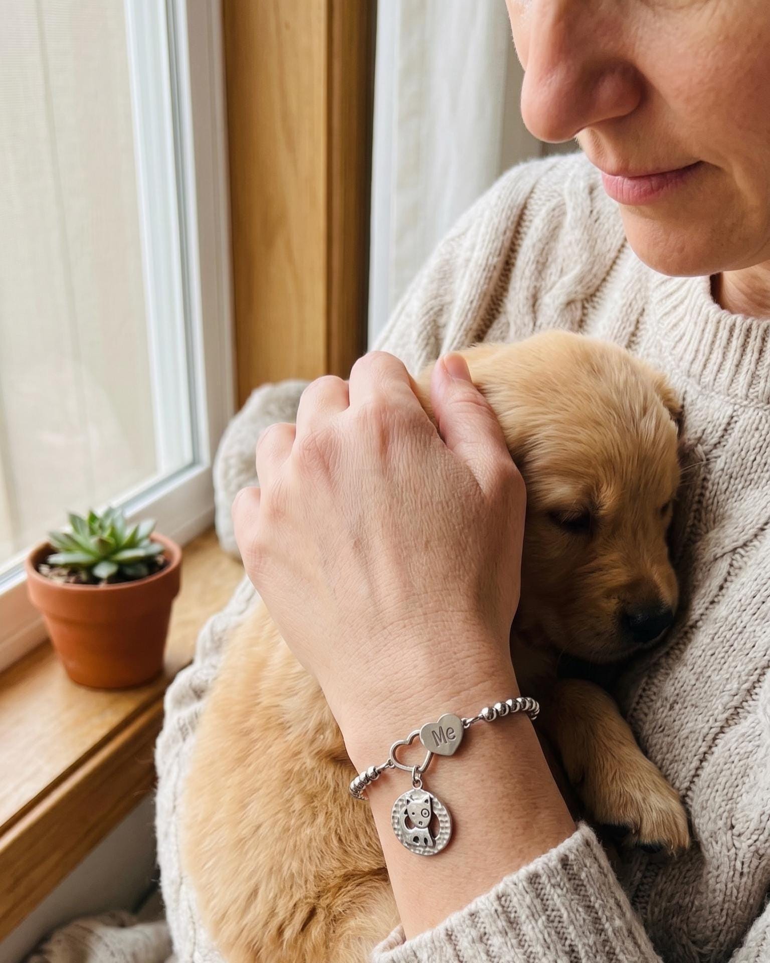 Dog Mom Bracelet, Puppy Charm, Pet Lover Gift, Minimal Stainless Steel Jewelry