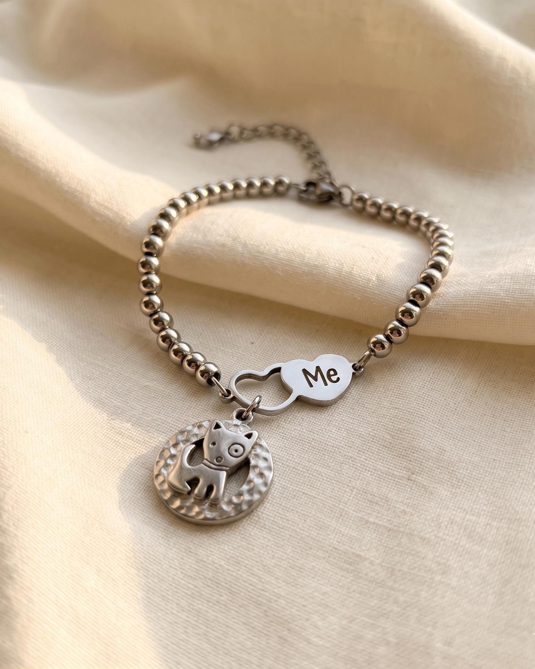 Dog Mom Bracelet, Puppy Charm, Pet Lover Gift, Minimal Stainless Steel Jewelry