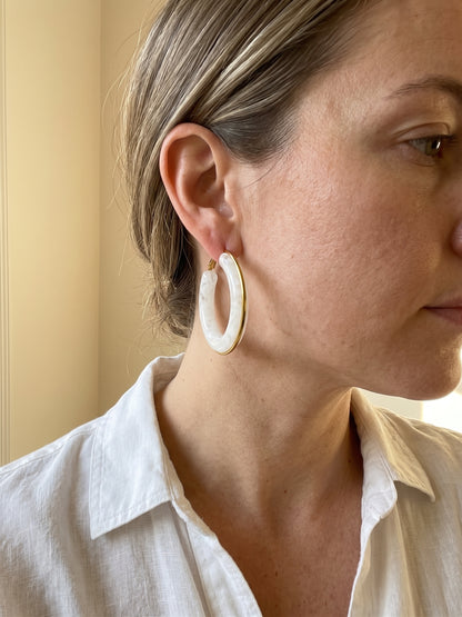 White Resin Hoop Earrings with Gold Trim