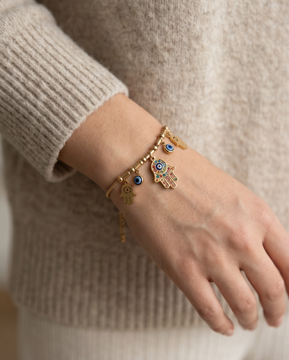 Gold Hamsa Hand & Evil Eye Charm Bracelet