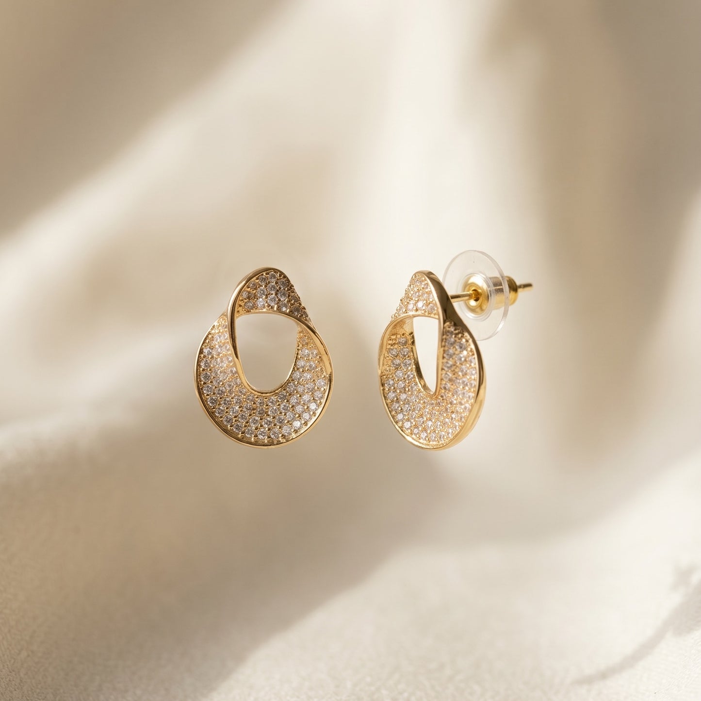 Crystal Pavé Ribbon Stud Earrings — Gold & Silver Minimalist Everyday