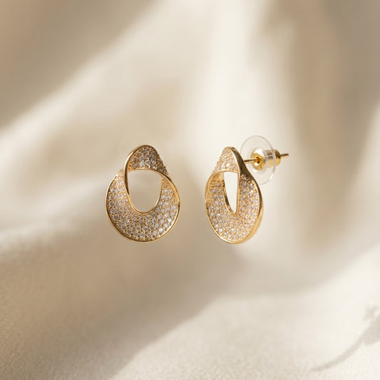 Crystal Pavé Ribbon Stud Earrings — Gold & Silver Minimalist Everyday