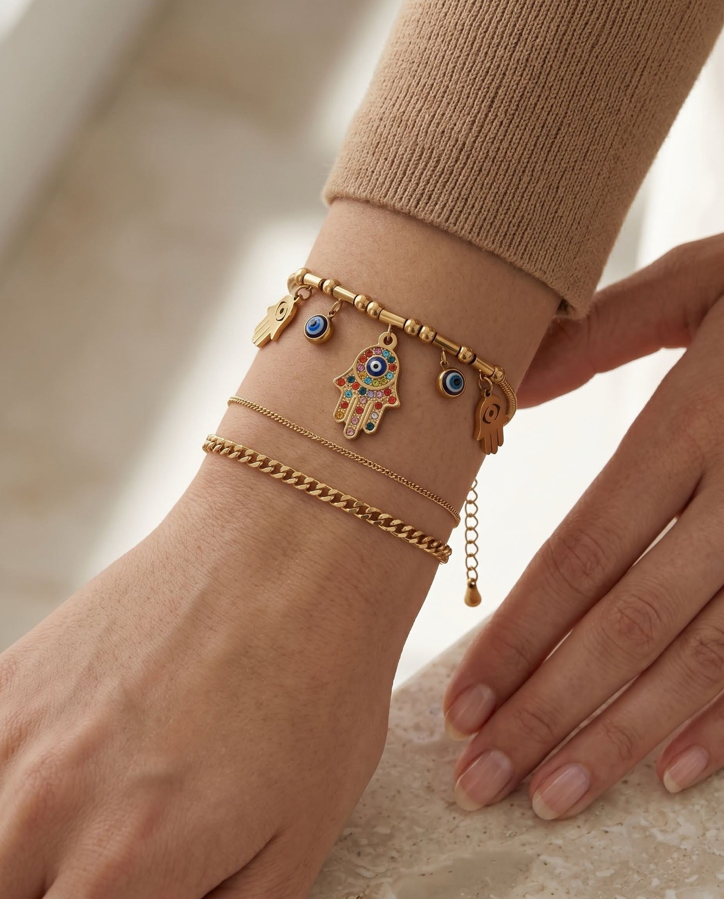 Gold Hamsa Hand & Evil Eye Charm Bracelet