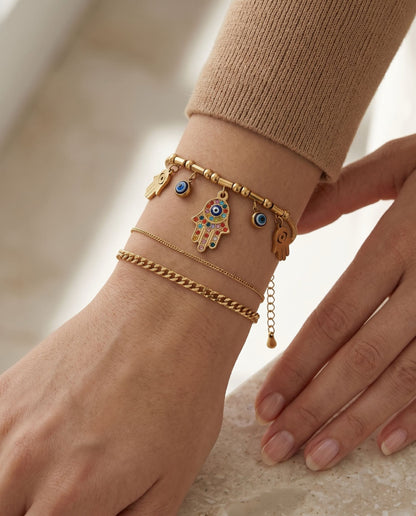 Gold Hamsa Hand & Evil Eye Charm Bracelet