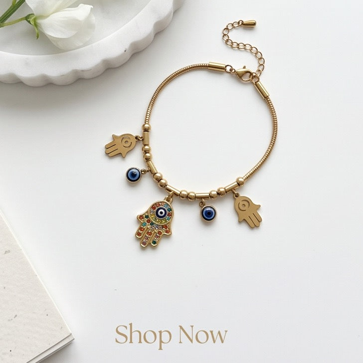 Gold Hamsa Hand & Evil Eye Charm Bracelet