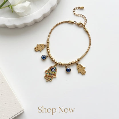 Gold Hamsa Hand & Evil Eye Charm Bracelet