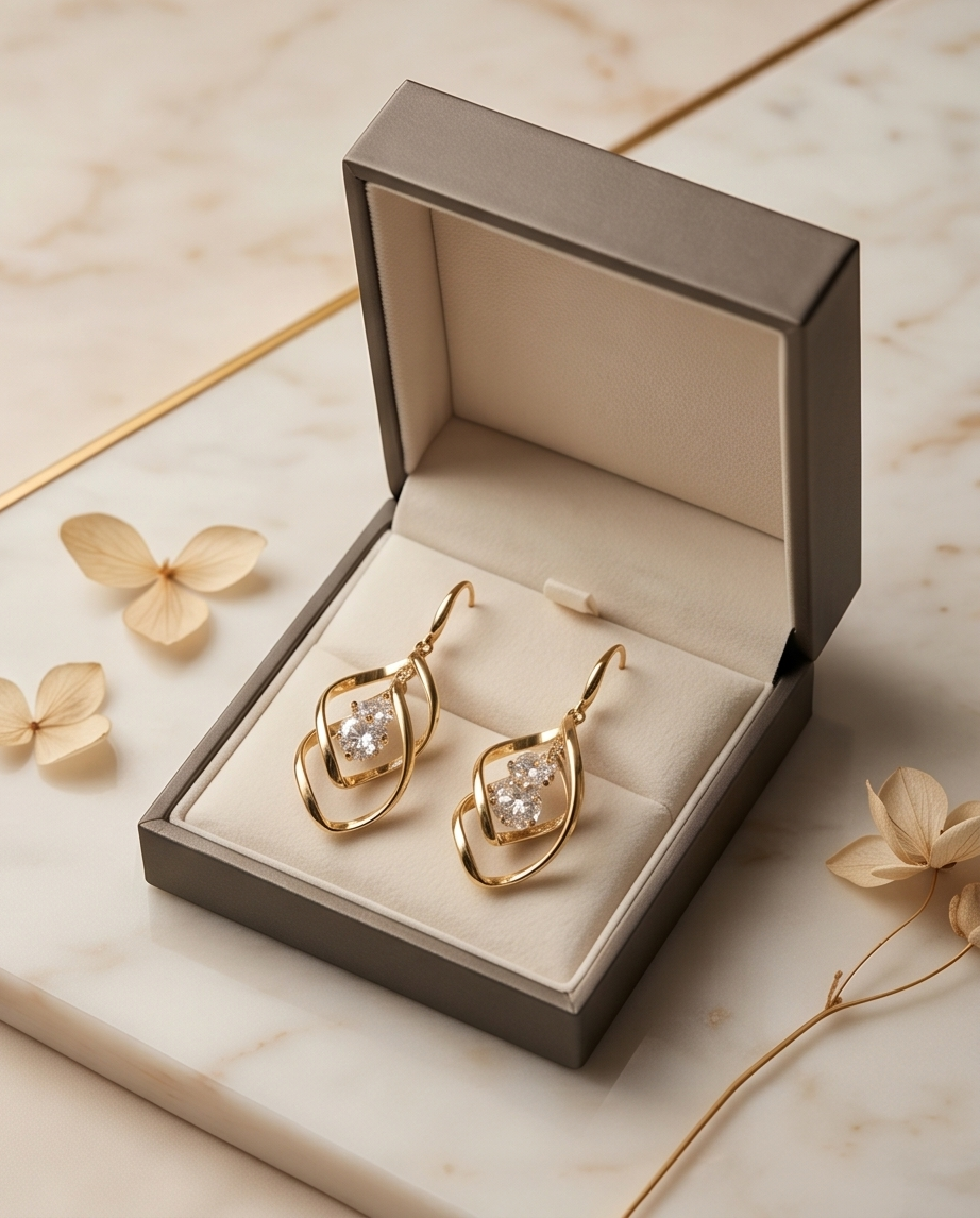Gold Twist Crystal Drop Earrings – Sculptural Statement Hoops