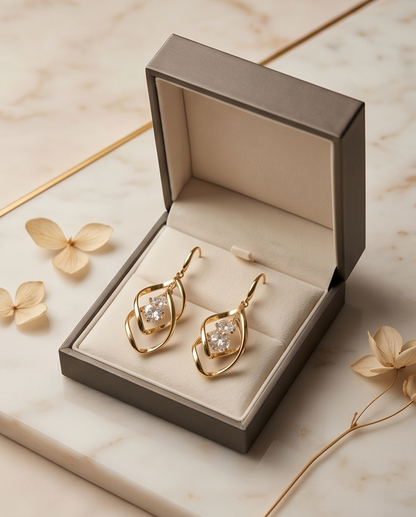 Gold Twist Crystal Drop Earrings – Sculptural Statement Hoops