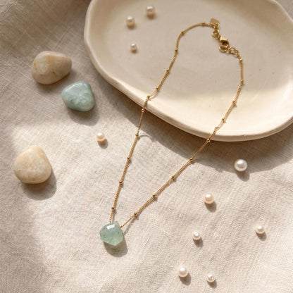 Floating Aquamarine Pendant, Dainty Gold Filled Chain , Minimalist Organic Jewelry, Layering Necklace