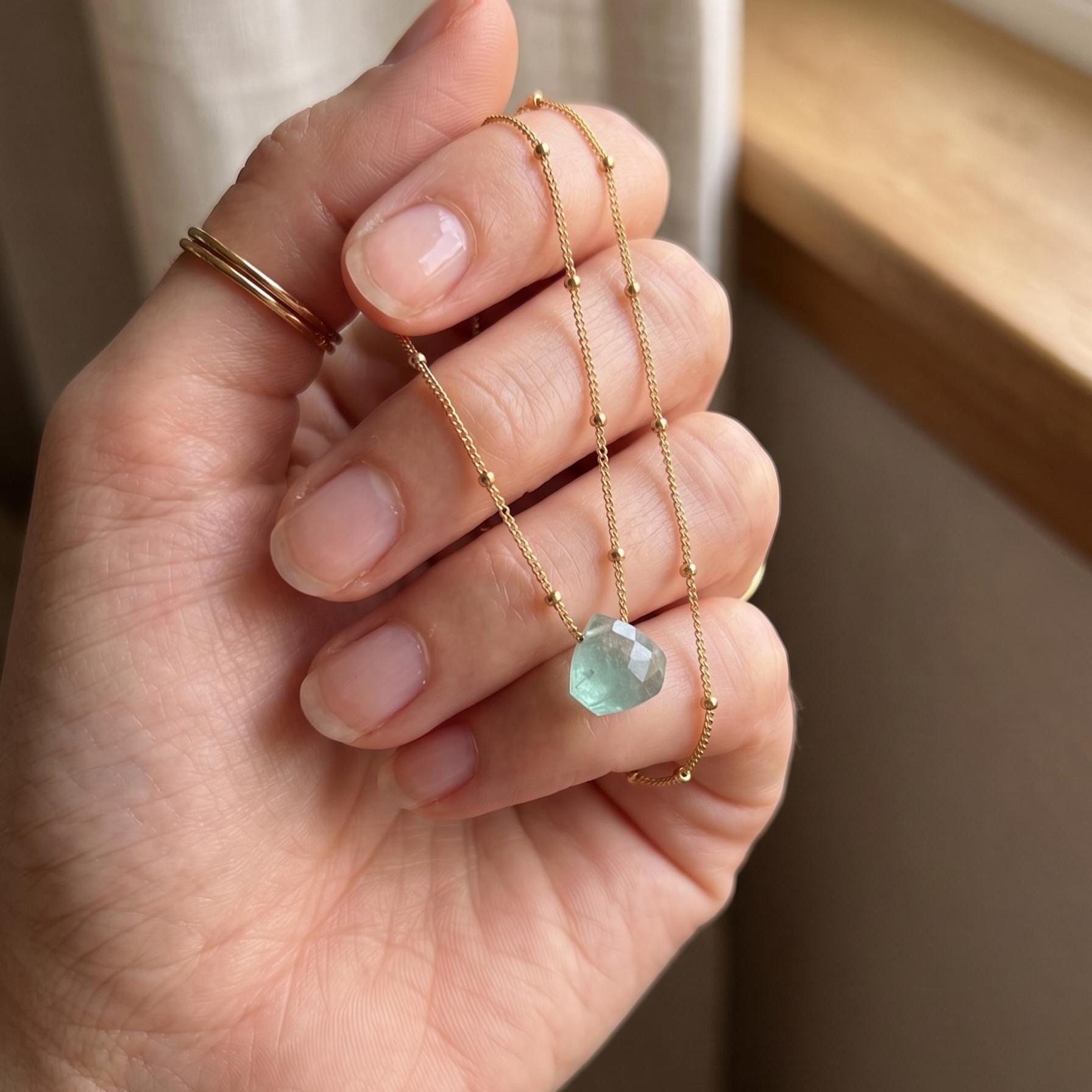 Floating Aquamarine Pendant, Dainty Gold Filled Chain , Minimalist Organic Jewelry, Layering Necklace