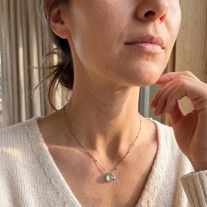 Floating Aquamarine Pendant, Dainty Gold Filled Chain , Minimalist Organic Jewelry, Layering Necklace
