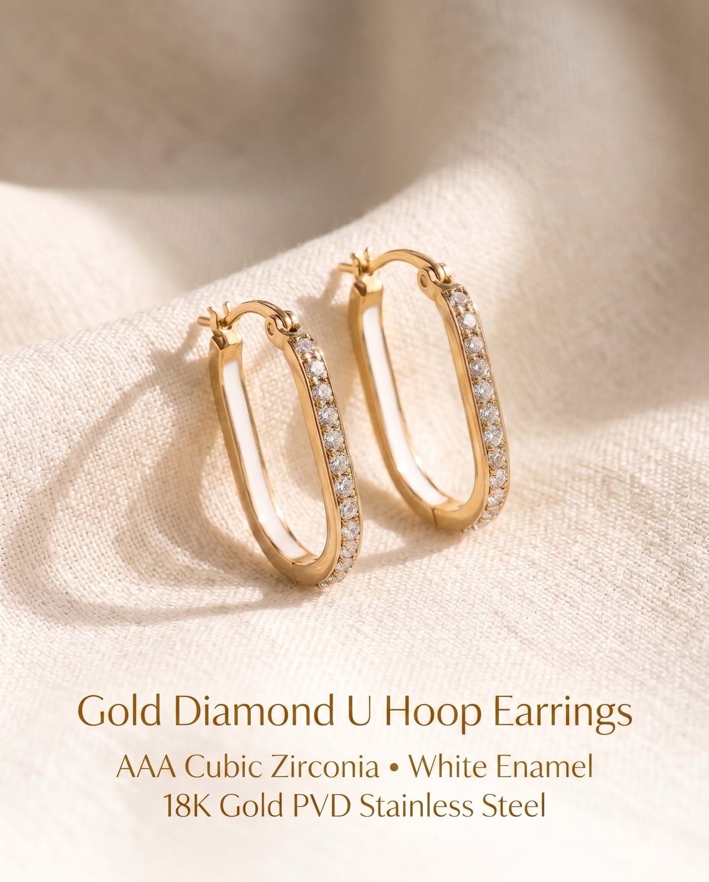 Yellow Gold or White Gold U Hoop Earrings with AAA Cubic Zirconia, White Enamel Inlay