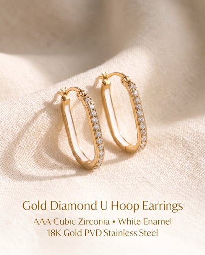 Yellow Gold or White Gold U Hoop Earrings with AAA Cubic Zirconia, White Enamel Inlay
