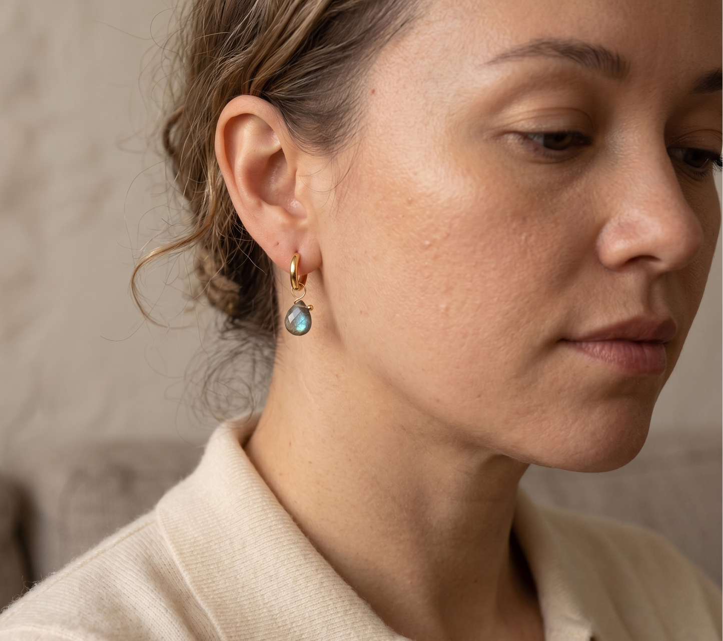 Labradorite Teardrop Huggie Hoop Earrings — 18K Gold Plated