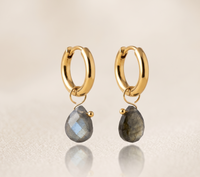 Labradorite Teardrop Huggie Hoop Earrings — 18K Gold Plated