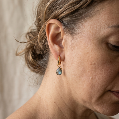 Labradorite Teardrop Huggie Hoop Earrings — 18K Gold Plated