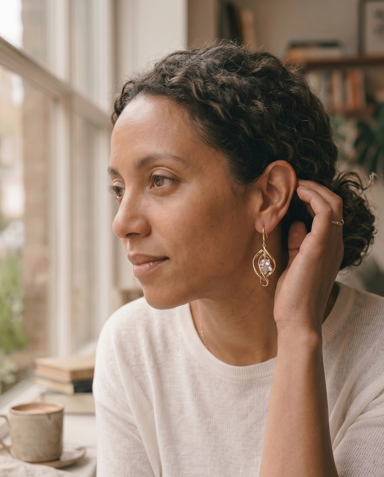 Woman adjusting her earring in a cozy room with a window and books in the background