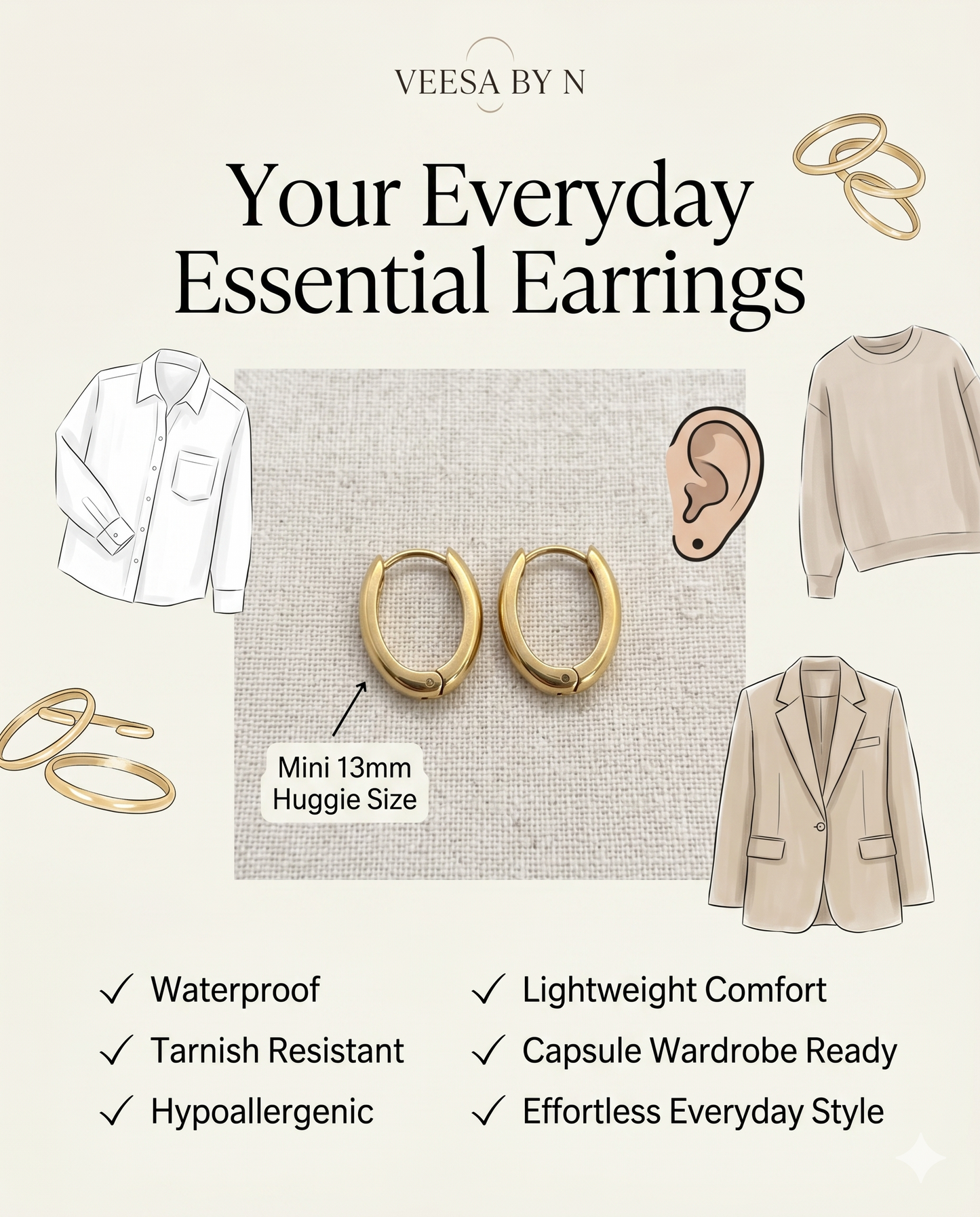 Oval Huggie Hoop Earrings – 13mm Minimalist Stainless Steel Hoops