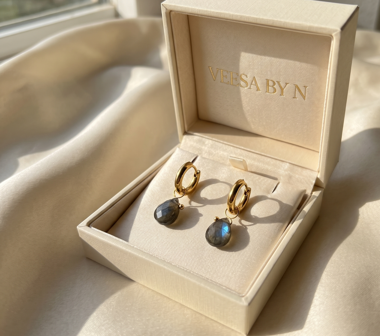 Labradorite Teardrop Huggie Hoop Earrings — 18K Gold Plated