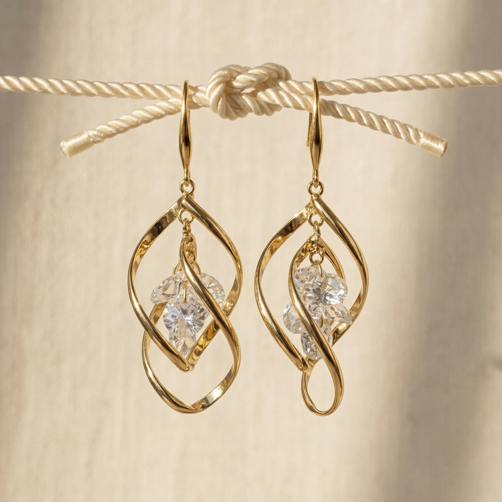 Gold Twist Crystal Drop Earrings – Sculptural Statement Hoops