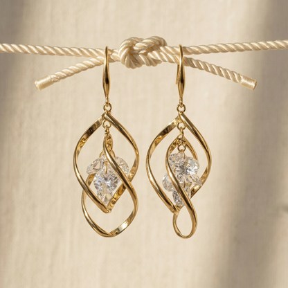Gold Twist Crystal Drop Earrings – Sculptural Statement Hoops