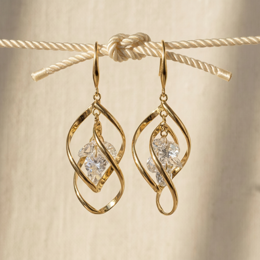 Gold Twist Crystal Drop Earrings – Sculptural Statement Hoops