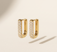 Pavé CZ Rectangular 15mm Hoop Earrings – 18K Gold Stainless Steel