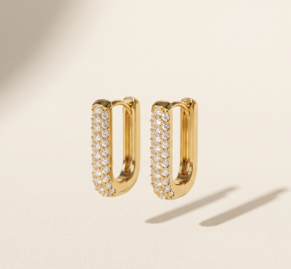 Pavé CZ Rectangular 15mm Hoop Earrings – 18K Gold Stainless Steel