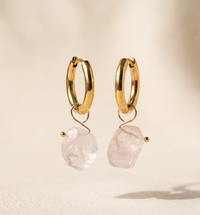 Raw Rose Quartz Huggie Hoop Earrings — 18K Gold Plated