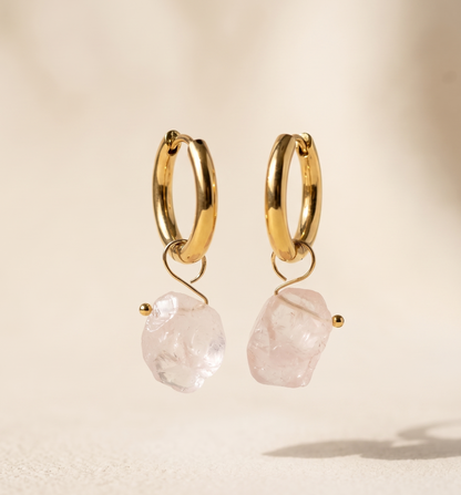Raw Rose Quartz Huggie Hoop Earrings — 18K Gold Plated