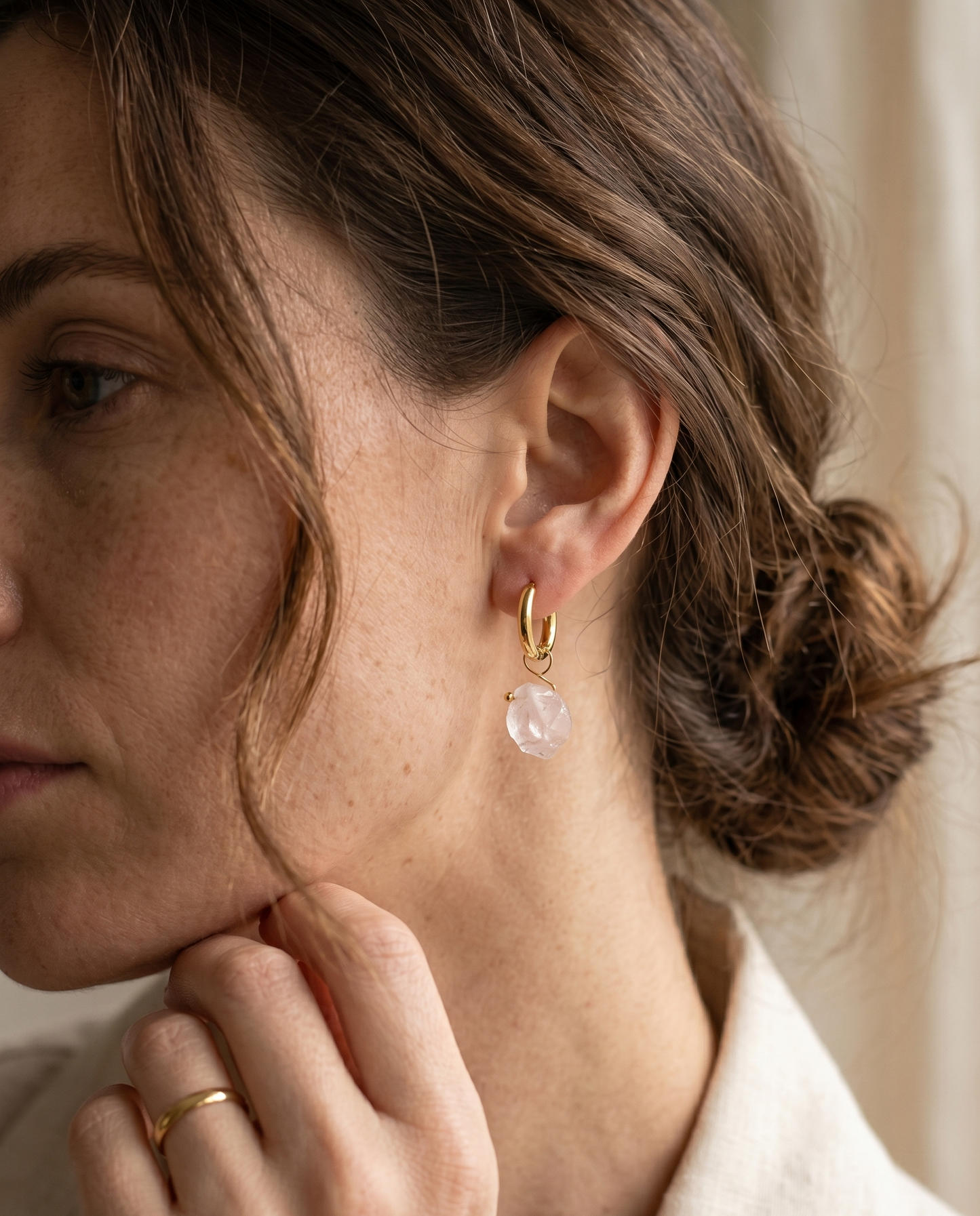 Raw Rose Quartz Huggie Hoop Earrings — 18K Gold Plated