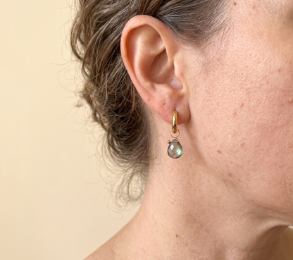 Labradorite Teardrop Huggie Hoop Earrings — 18K Gold Plated