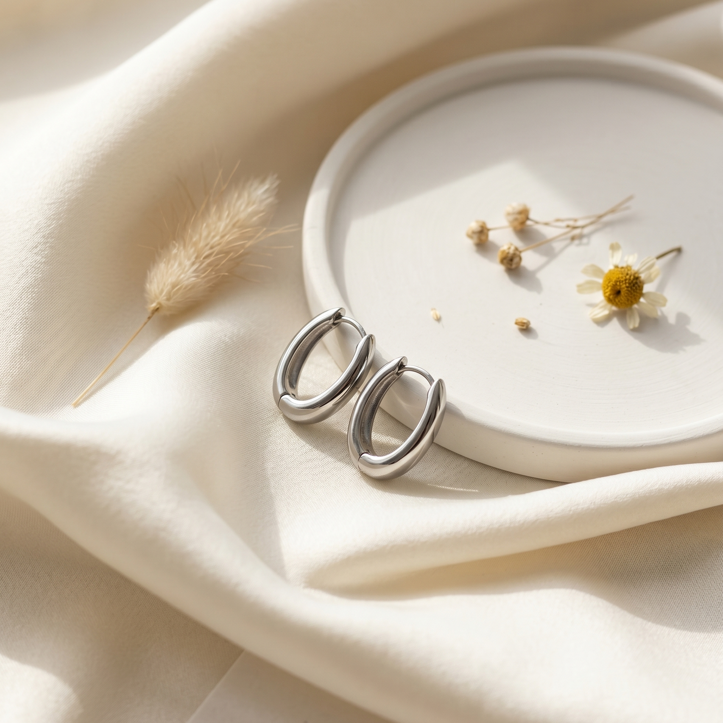 Oval Huggie Hoop Earrings – 13mm Minimalist Stainless Steel Hoops