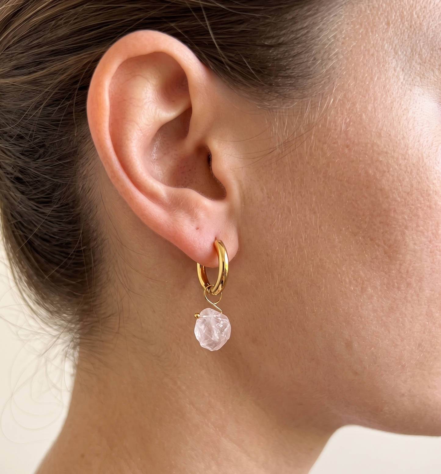 Raw Rose Quartz Huggie Hoop Earrings — 18K Gold Plated