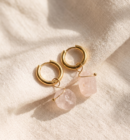 Raw Rose Quartz Huggie Hoop Earrings — 18K Gold Plated