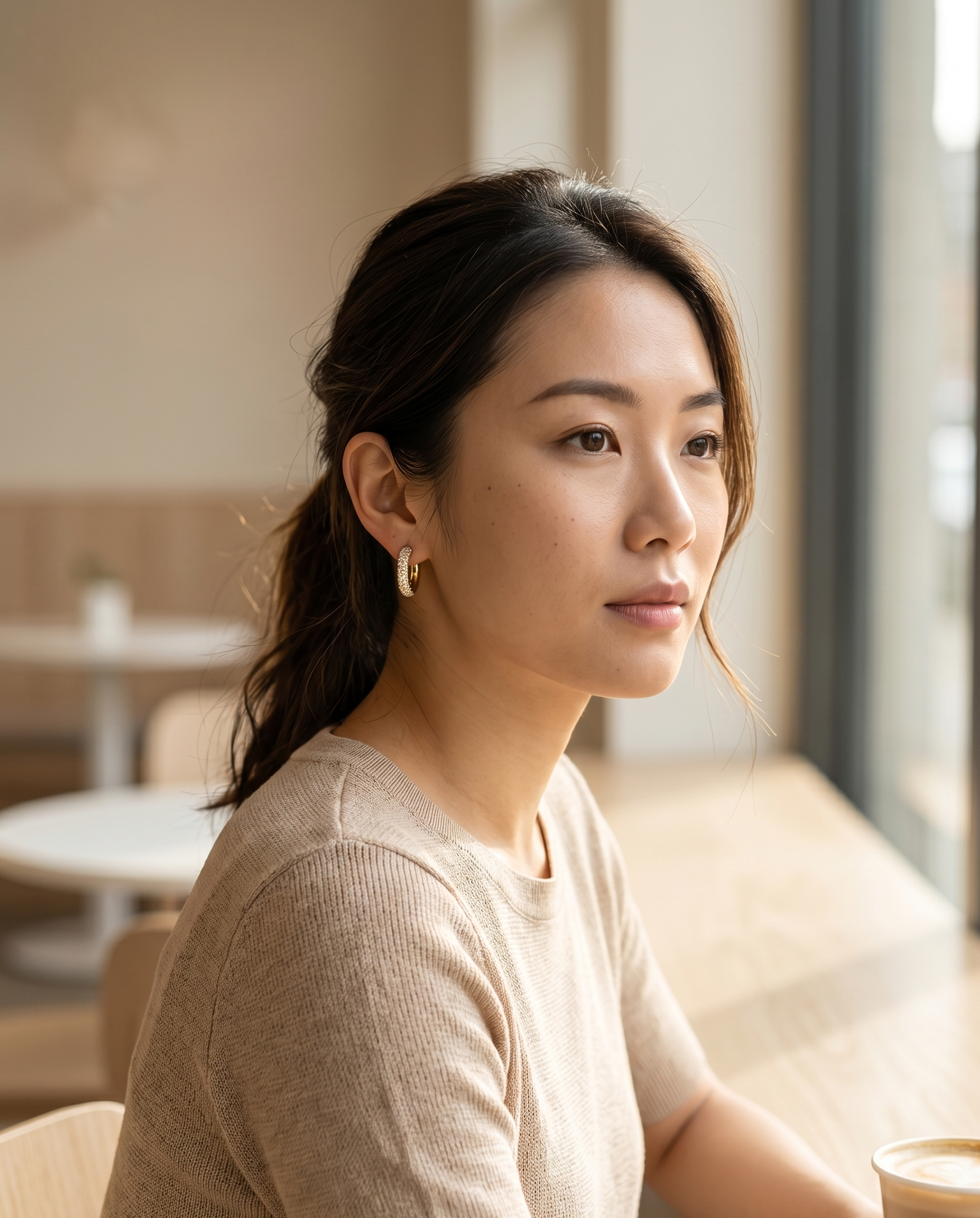 Woman sitting at a table in a cafe with a cup of coffee.