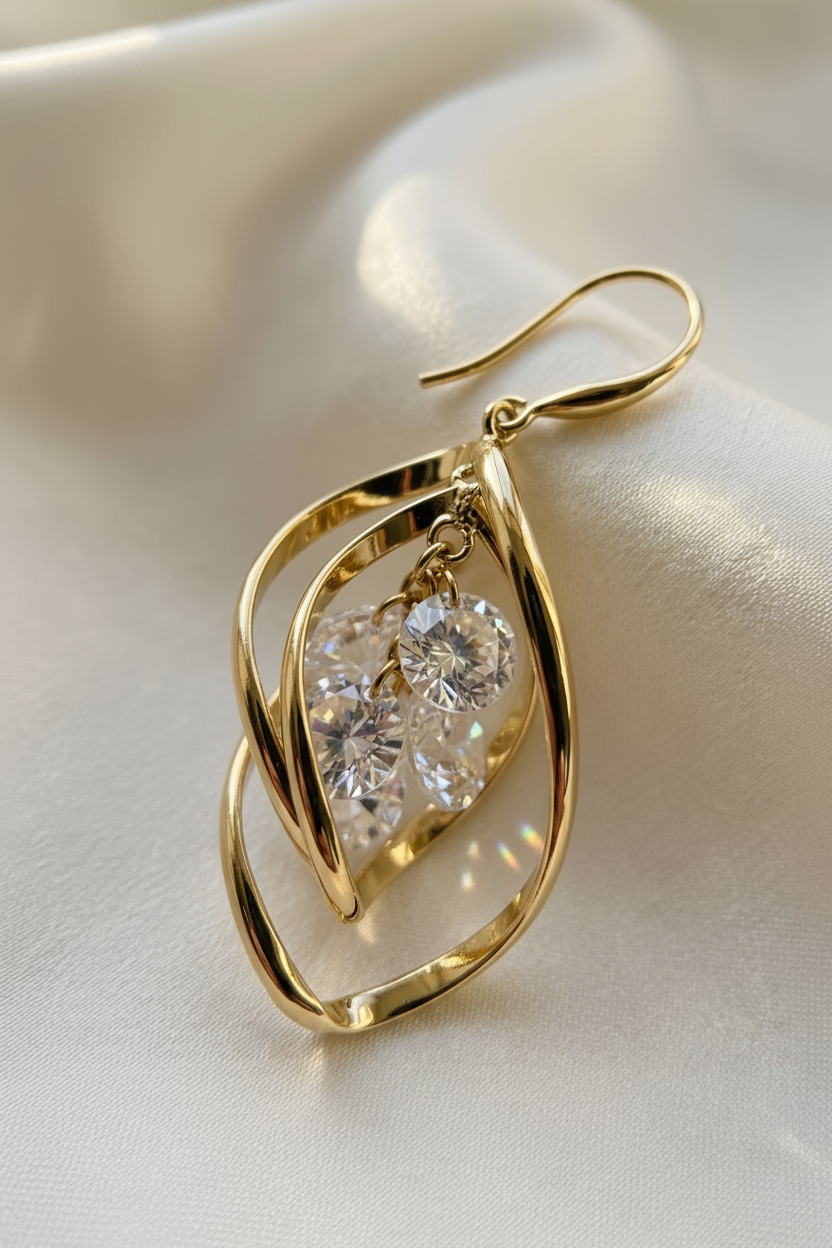 Gold earring with clear gemstones on a light background
