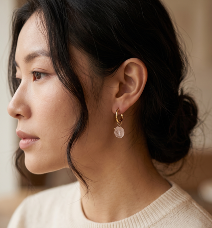 Raw Rose Quartz Huggie Hoop Earrings — 18K Gold Plated