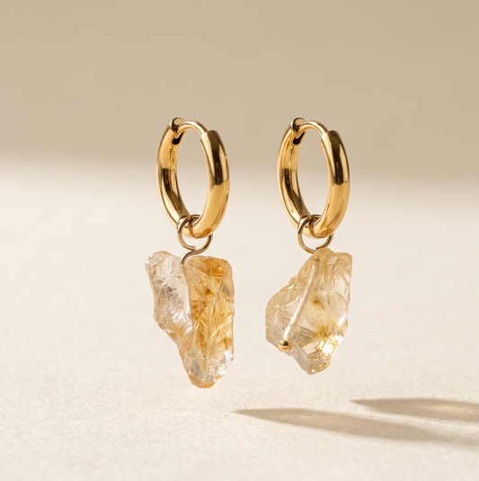 Raw Citrine Huggie Hoop Earrings – 18K Gold Stainless Steel