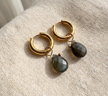 Labradorite Teardrop Huggie Hoop Earrings — 18K Gold Plated