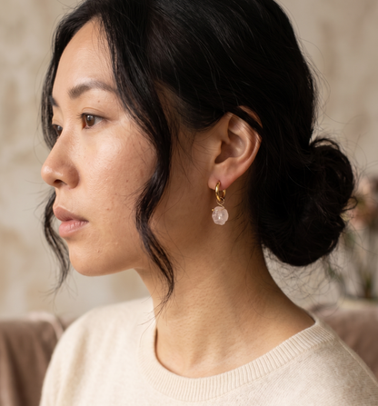 Raw Rose Quartz Huggie Hoop Earrings — 18K Gold Plated