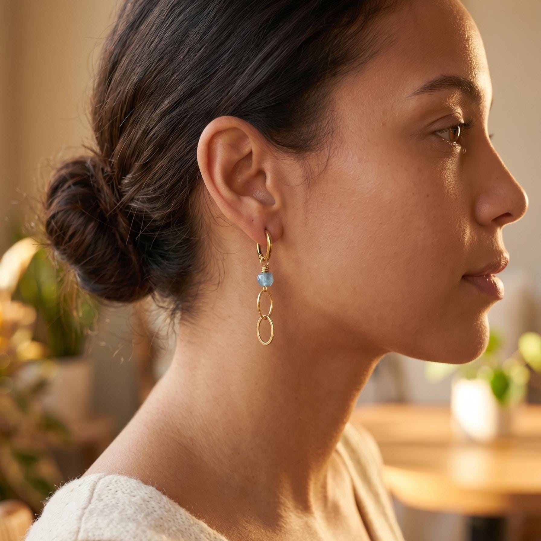 Gold Aquamarine 10mm Huggie Hoop Earrings, Blue Gemstone Minimalist Dangle, Ocean-Inspired Jewelry