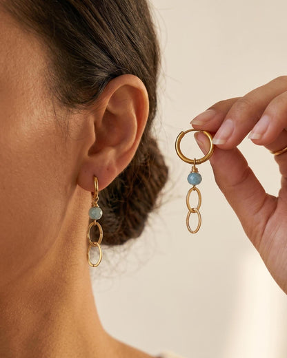 Gold Aquamarine 10mm Huggie Hoop Earrings, Blue Gemstone Minimalist Dangle, Ocean-Inspired Jewelry